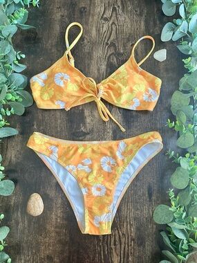 Yellow Floral Tie-Front Bikini Set